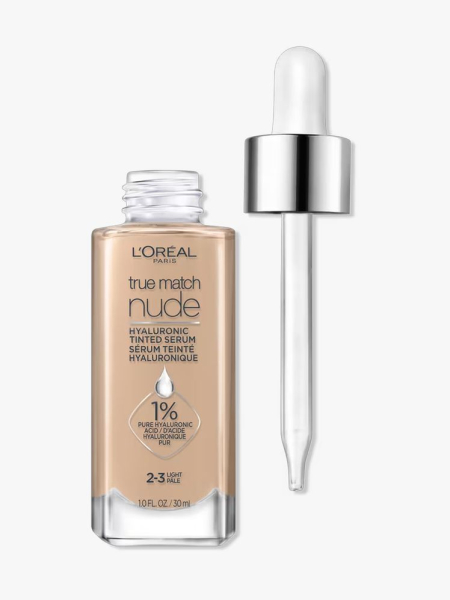 L&rsquo;Or&eacute;al Paris True Match Nude Hyaluronic Tinted Serum in branded dropper component on a light gray background